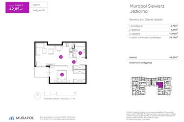 Rzut - Mieszkanie na sprzedaż 2 pokoje o powierzchni 42,85 m² - numer 28.B.1.2 w Murapol Siewierz Jeziorna bud. 27 i 28