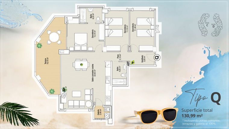 Rzut - Mieszkanie na sprzedaż 3 pokoje o powierzchni 130,99 m² - numer 307 w Apartamenty w La Manga del Mar Menor - 37756457