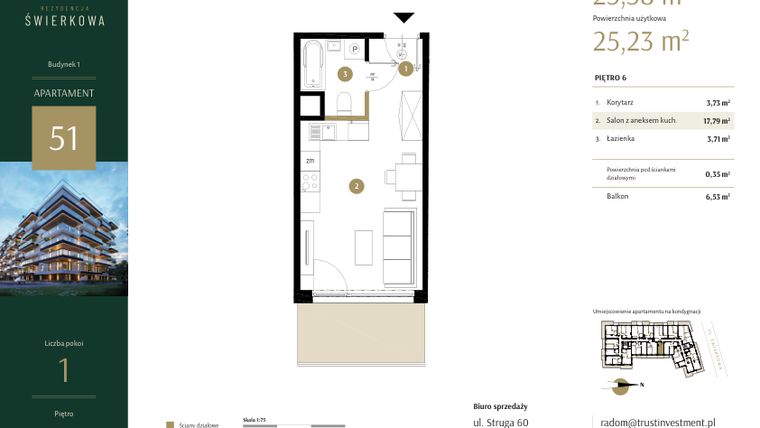 Rzut - Mieszkanie na sprzedaż 1 pokój o powierzchni 25,58 m² - numer 51 w Rezydencja Świerkowa