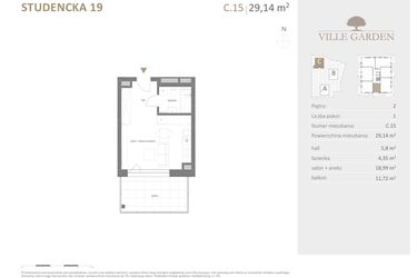 Rzut - Mieszkanie na sprzedaż 1 pokój o powierzchni 29,14 m² - numer C.15 w Ville Garden