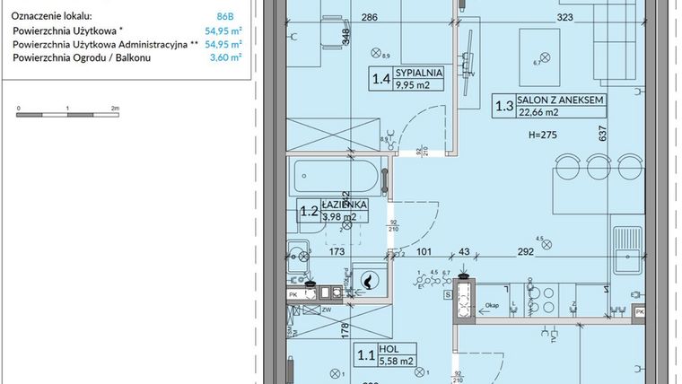 Rzut - Mieszkanie na sprzedaż 3 pokoje o powierzchni 54,95 m² - numer 86B w Osiedle Młodych etap VI