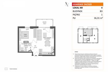 Rzut - Mieszkanie na sprzedaż 2 pokoje o powierzchni 36,31 m² - numer B3.4 w Gdańskie Zacisze