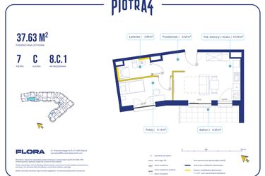 Rzut - Mieszkanie na sprzedaż 2 pokoje o powierzchni 37,63 m² - numer 8.C.1 w Piotra 4