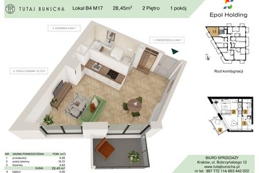 Rzut - Mieszkanie na sprzedaż 1 pokój o powierzchni 28,45 m² - numer B4.M17 w Tutaj Bunscha
