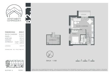 Rzut - Mieszkanie na sprzedaż 2 pokoje o powierzchni 44,02 m² - numer B2.1 w Apartamenty Czarnoleska