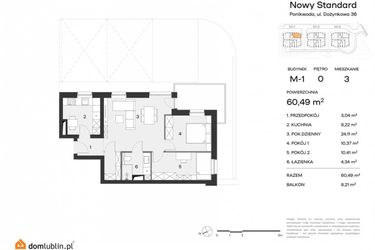 Rzut - Mieszkanie na sprzedaż 3 pokoje o powierzchni 60,49 m² - numer M3 w Nowy Standard