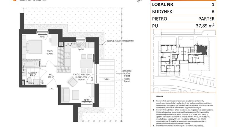 Rzut - Mieszkanie na sprzedaż 2 pokoje o powierzchni 37,89 m² - numer B.1 w Osiedle Warszawska etap III