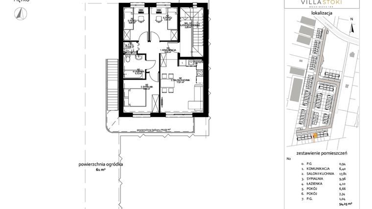Rzut - Mieszkanie na sprzedaż 4 pokoje o powierzchni 54,25 m² - numer N2 w Villa Stoki (mieszkania)