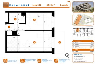 Rzut - Mieszkanie na sprzedaż 2 pokoje o powierzchni 44,96 m² - numer B1/1/02 w Zakamarki