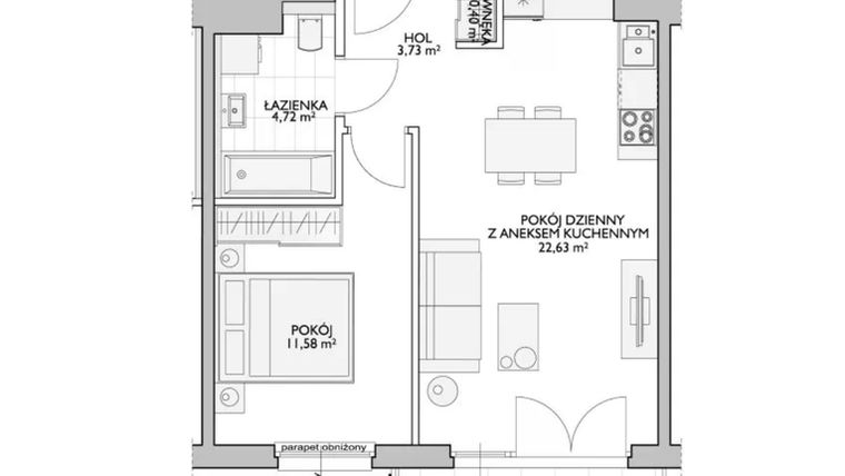 Rzut - Mieszkanie na sprzedaż 2 pokoje o powierzchni 44,01 m² - numer WO/P33/44 w Wiszące Ogrody