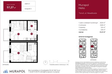 Rzut - Mieszkanie na sprzedaż 1 pokój o powierzchni 57,27 m² - numer 2.A.2.09 w Murapol Helio