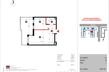 Rzut - Mieszkanie na sprzedaż 2 pokoje o powierzchni 46,47 m² - numer D.12 w Skrajna 9 bud. D