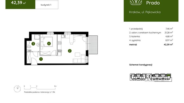 Rzut - Mieszkanie na sprzedaż 2 pokoje o powierzchni 42,39 m² - numer 1.E.0.01 w Murapol Prado