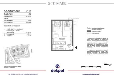Rzut - Mieszkanie na sprzedaż 1 pokój o powierzchni 32,57 m² - numer 7.16 w Trimare