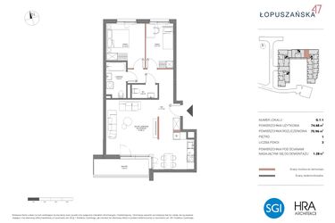 Rzut - Mieszkanie na sprzedaż 3 pokoje o powierzchni 75,96 m² - numer G.1.1 w Łopuszańska 47 - etap 2