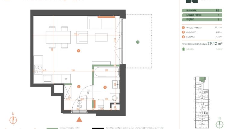 Rzut - Mieszkanie na sprzedaż 1 pokój o powierzchni 29,42 m² - numer M.05.14 w Casa Feliz Portowa