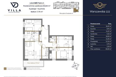 Rzut - Mieszkanie na sprzedaż 4 pokoje o powierzchni 84,84 m² - numer 21A w Warszawska 222