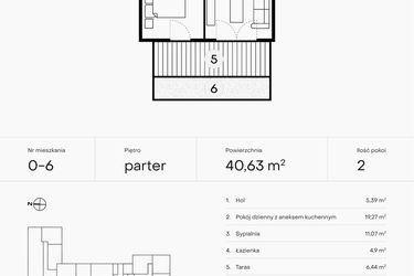 Rzut - Mieszkanie na sprzedaż 2 pokoje o powierzchni 40,63 m² - numer 0-6 w Pączka 1