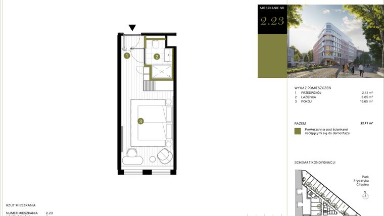 Rzut - Mieszkanie na sprzedaż 1 pokój o powierzchni 22,71 m² - numer 223 w Y3 Signature Hotel