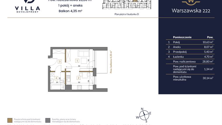 Rzut - Mieszkanie na sprzedaż 1 pokój o powierzchni 28,8 m² - numer 12 w Warszawska 222 bud. D