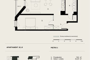 Rzut - Mieszkanie na sprzedaż 2 pokoje o powierzchni 50,92 m² - numer B/1/6 w Ogrodowa 12
