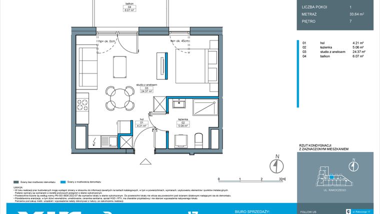 Rzut - Mieszkanie na sprzedaż 1 pokój o powierzchni 33,64 m² - numer A.7.1 w Rakoczego 17