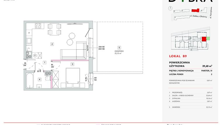 Rzut - Mieszkanie na sprzedaż 2 pokoje o powierzchni 39,68 m² - numer B09 w Dobka