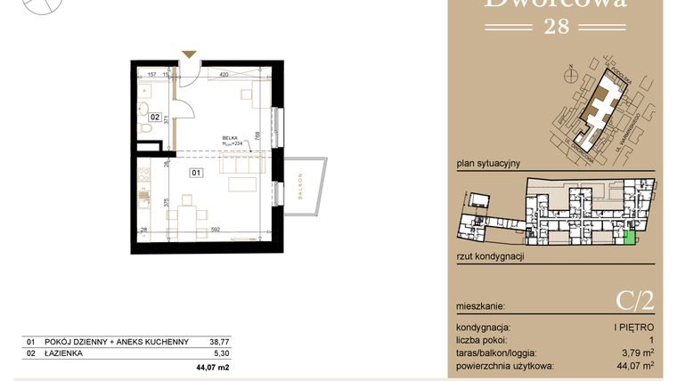 Rzut - Mieszkanie na sprzedaż 1 pokój o powierzchni 44,36 m² - numer C2 w Dworcowa 28