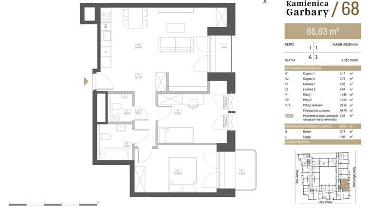 Rzut - Mieszkanie na sprzedaż 3 pokoje o powierzchni 66,63 m² - numer 1 w Garbary 68
