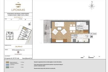 Rzut - Mieszkanie na sprzedaż 1 pokój o powierzchni 26,99 m² - numer A26 w Lipowa 45