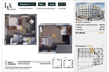 Rzut - Mieszkanie na sprzedaż 2 pokoje o powierzchni 92,02 m² - numer M5.3 w La Vie Art