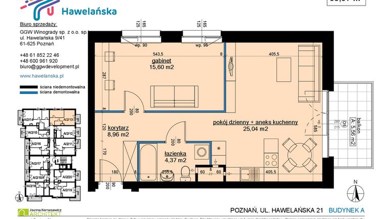 Rzut - Mieszkanie na sprzedaż 2 pokoje o powierzchni 53,97 m² - numer A/2/13 w Osiedle Hawelańska etap III - bud. A