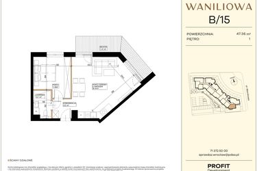Rzut - Mieszkanie na sprzedaż 2 pokoje o powierzchni 47,36 m² - numer WA2/B/15 w Waniliowa
