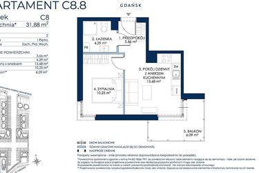 Rzut - Mieszkanie na sprzedaż 2 pokoje o powierzchni 31,58 m² - numer C8.8 w Sol Marina etap III