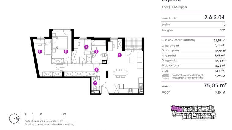 Rzut - Mieszkanie na sprzedaż 2 pokoje o powierzchni 75,22 m² - numer 2.A.2.04 w Murapol Agosto