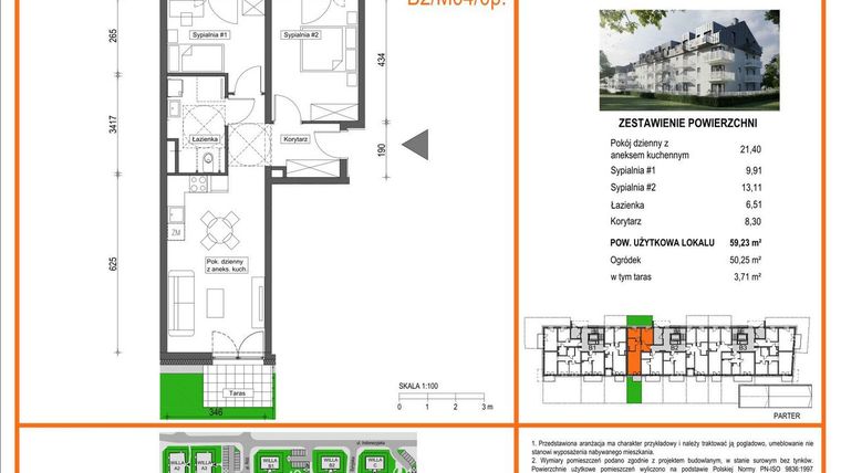 Rzut - Mieszkanie na sprzedaż 3 pokoje o powierzchni 59,23 m² - numer B2/M04/0P w Zielony Brochów 7