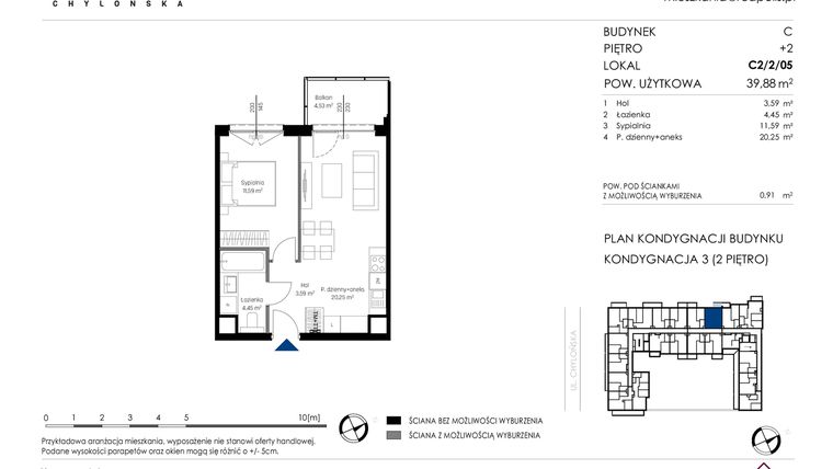Rzut - Mieszkanie na sprzedaż 2 pokoje o powierzchni 39,88 m² - numer C2/2/05 w Chylońska STO10 etap III