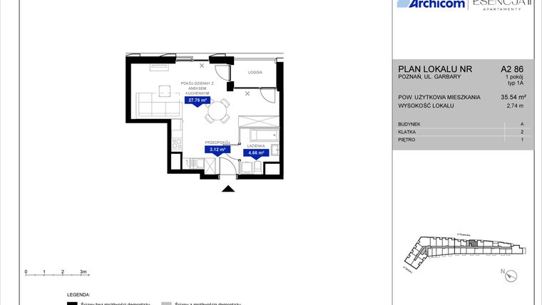 Rzut - Mieszkanie na sprzedaż 1 pokój o powierzchni 35,54 m² - numer A2.86 w Apartamenty Esencja II