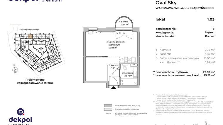 Rzut - Mieszkanie na sprzedaż 1 pokój o powierzchni 29,69 m² - numer 1.03 w OVAL SKY