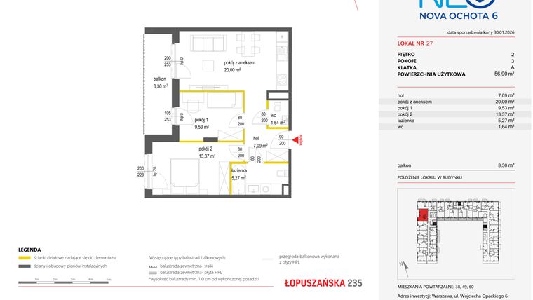 Rzut - Mieszkanie na sprzedaż 3 pokoje o powierzchni 56,9 m² - numer 27 w Neo Nova Ochota 6