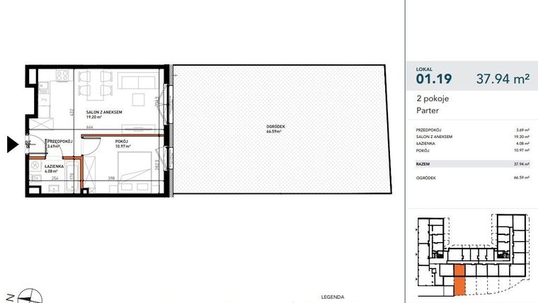 Rzut - Mieszkanie na sprzedaż 2 pokoje o powierzchni 37,88 m² - numer 01.19 w Czysta 4