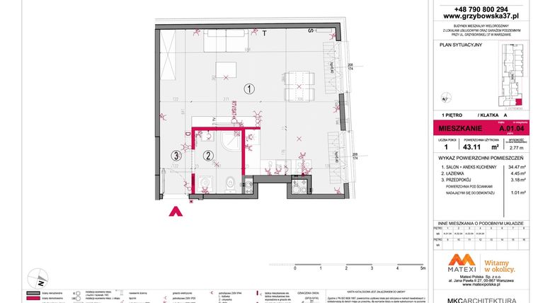 Rzut - Mieszkanie na sprzedaż 1 pokój o powierzchni 43,08 m² - numer A.01.04 w Grzybowska 37