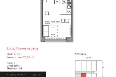 Rzut - Mieszkanie na sprzedaż 1 pokój o powierzchni 26,87 m² - numer C 1.8 w Melody Loft