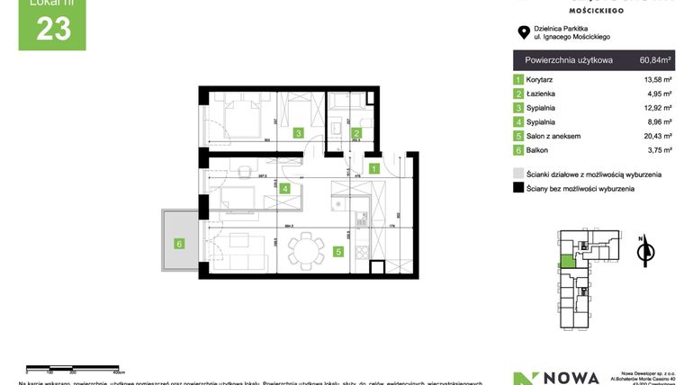 Rzut - Mieszkanie na sprzedaż 3 pokoje o powierzchni 60,84 m² - numer M23 w Nowa Częstochowa Mościckiego