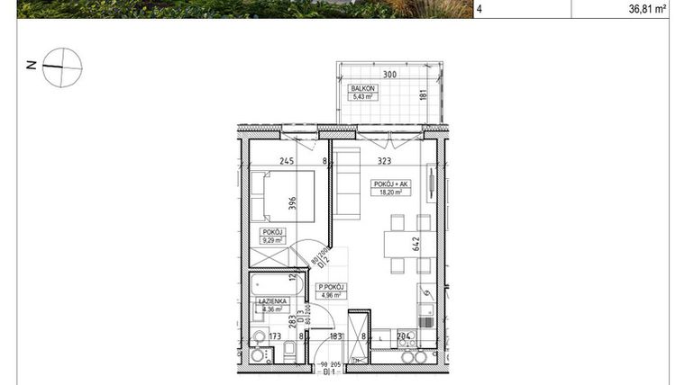 Rzut - Mieszkanie na sprzedaż 2 pokoje o powierzchni 36,81 m² - numer A3.03.40 w AURA