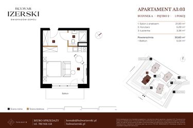 Rzut - Mieszkanie na sprzedaż 1 pokój o powierzchni 30,6 m² - numer A3.03 w Bulwar Izerski