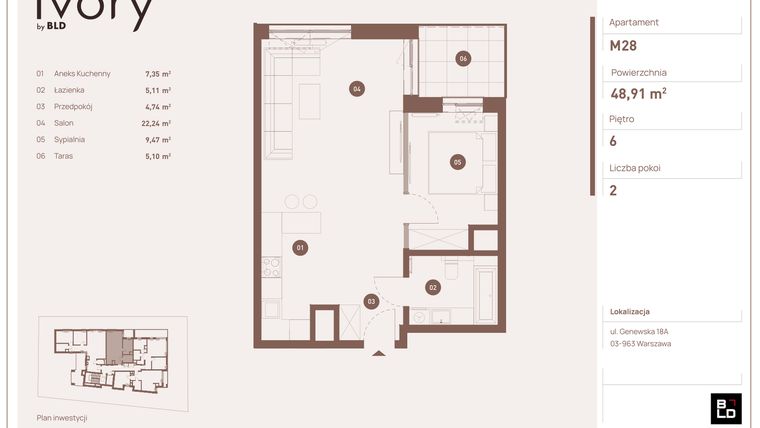 Rzut - Mieszkanie na sprzedaż 2 pokoje o powierzchni 48,91 m² - numer M28 w Ivory