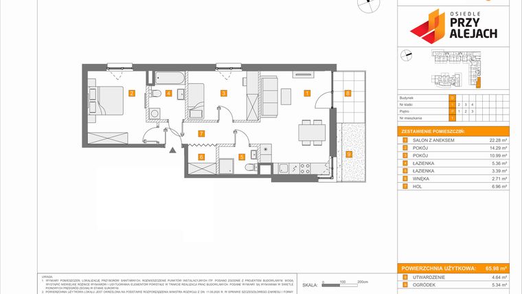 Rzut - Mieszkanie na sprzedaż 3 pokoje o powierzchni 65,98 m² - numer 3.1.D.1 w Osiedle przy Alejach etap 3