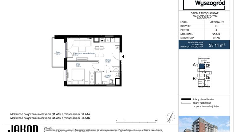 Rzut - Mieszkanie na sprzedaż 2 pokoje o powierzchni 38,14 m² - numer C1.A15 w Nowy Wyszogród etap II