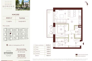 Rzut - Mieszkanie na sprzedaż 3 pokoje o powierzchni 49,83 m² - numer H.M.2.02 w Sereno Park